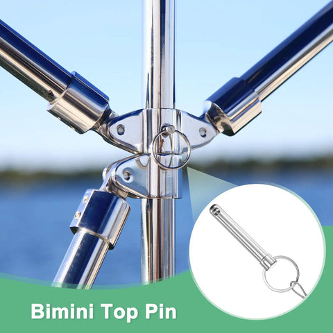 Four Pack Quick Release Pins 10mm Diameter 51mm Length 60mm With Lanyard Screw For Bimini Top And More installed on marine frame.