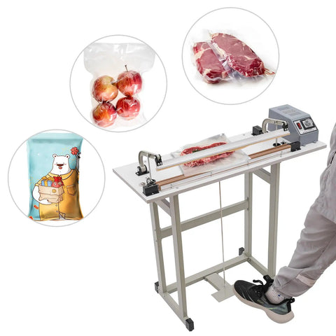 Solid Foot Pedal Heat Sealer For Plastic And Aluminum Foil Bags With Built In Cutter And Six Gear Settings For No Sweat Commercial Packaging That Absolutely Nails The Job Daily with various sealed bags including apples and meat.