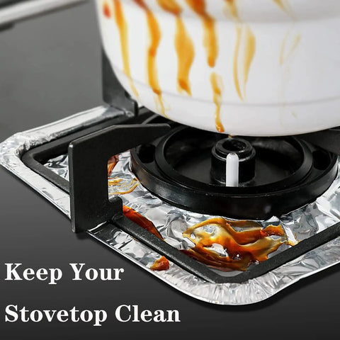 Thick 8.5 Inch Gas Burner Liners 50 Pack Disposable Aluminum Foil Stove Burner Covers catching spills on a cooktop