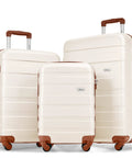 3-piece ABS hardside luggage set with spinner wheels, featuring 20, 24, 28 inch sizes in ivory with brown accents, scratch resistant.