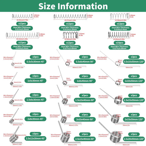 Stainless Steel Small Spring Assortment Kit, 115 Pieces, 29 Sizes, Includes Torsion And Compression Springs size chart illustration
