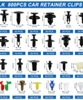 Various sizes of 800-piece car retainer clips laid out in grid format