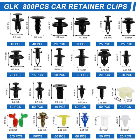 Various sizes of 800-piece car retainer clips laid out in grid format