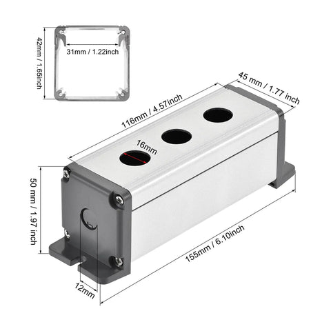 Three Hole 16mm Aluminum Switch Button Station Box With PG7 Cable Gland And Mounting Base For Panel Mounting, shown with dimensions