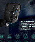 Wireless Security Camera For Outdoor And Indoor Use, 2K Battery Powered With AI Motion Detection shown in rain, spotlight on.