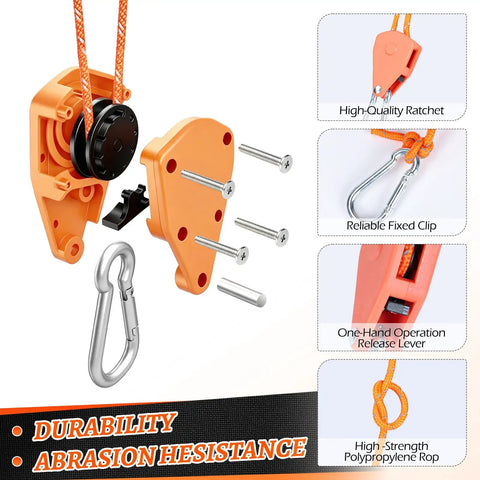 Three Pack Beach Shade Accessories Kit with nylon ropes, ratchet pulleys, and clips for wind stabilization and easy setup details.