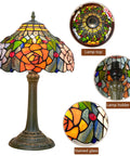 Tiffany Style Stained Glass Table Lamp 12 Inch Shade Multicolor Red Orange Purple Pink Rose Bedside Nightstand Reading Desk Light Vintage Retro Decor Led Bulb Included