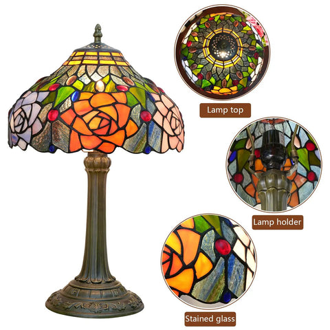 Tiffany Style Stained Glass Table Lamp 12 Inch Shade Multicolor Red Orange Purple Pink Rose Bedside Nightstand Reading Desk Light Vintage Retro Decor Led Bulb Included