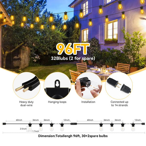 96 Foot LED Outdoor String Lights With Shatterproof S14 Bulbs 2700K Warm White for patio, showing installation and diagram with specs.