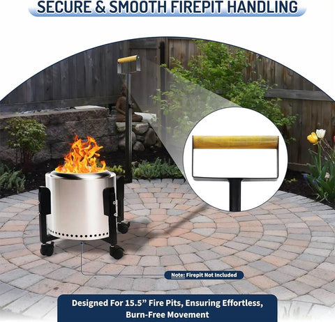 Rolling Stand With Telescopic Handle For Ranger 15.5 Inch Smokeless Fire Pits and 17.5 Inch Portable Base on patio with handle detail