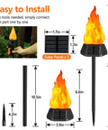 Diagram of Solar Outdoor Torch Lights With Flickering Flame For Backyard And Garden Decor Waterproof LED Pathway Lanterns For Patio Yard And Camping Eight Pack showing dimensions and easy installation steps.