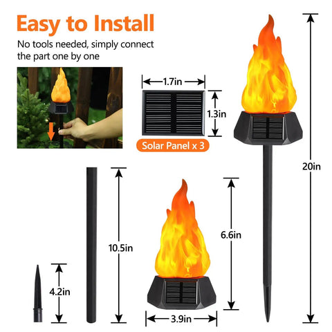 Diagram of Solar Outdoor Torch Lights With Flickering Flame For Backyard And Garden Decor Waterproof LED Pathway Lanterns For Patio Yard And Camping Eight Pack showing dimensions and easy installation steps.