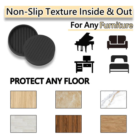 Round Rubber Furniture Caster Cups With Anti Slip Grip That Really Grips, Bed Stopper Floor Protectors, various floors shown
