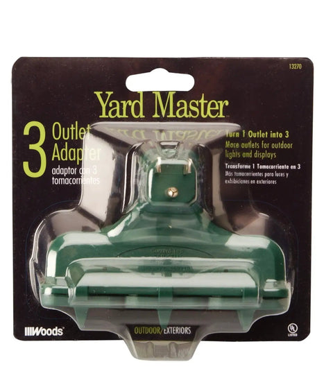 Outdoor Rated 3-Outlet Covered Adapter With No-Fuss Weatherproof Covers, Green, in packaging
