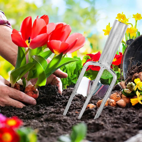 3 Prong Metal Garden Fork for Weeding and Planting Durable Iron Tool with Ergonomic Handle in flower bed