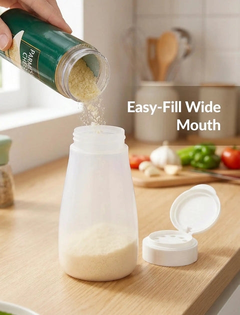 Top Shelf Soft Parmesan Cheese Shaker Set Squeezable Spice Jars With Wide Opening Heavy Duty Plastic Seasoning Dispensers pouring cheese.