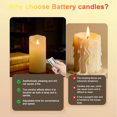 Rechargeable Flameless Candles 3 Pack With Extra Bright Ivory LED Pillars, remote control beside flickering candle in library