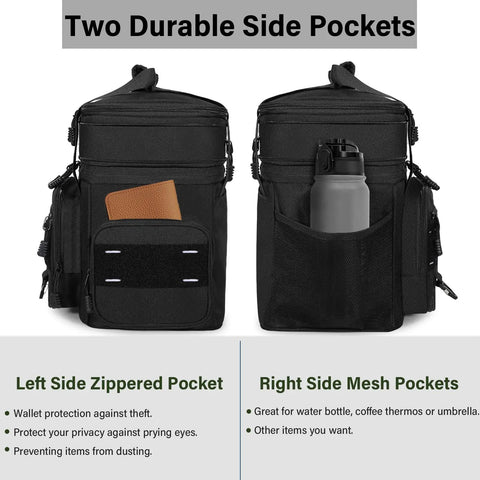 Expandable Tactical Lunch Box 16L Large Insulated Cooler Bag with Velcro side pockets, one zippered for wallets, the other for bottles.