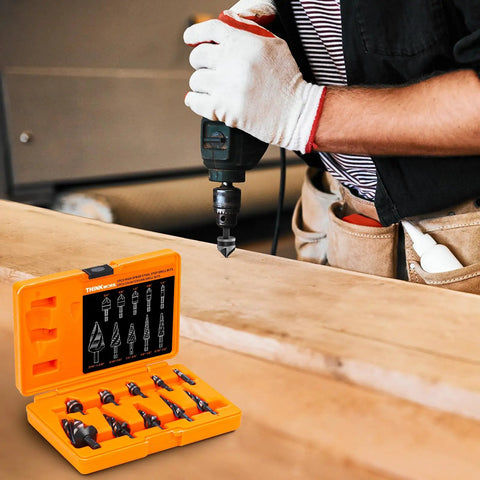Pro Grade Step Drill Bit Set With Four Spiral Flutes And Countersink Bits In A Sturdy Tool Box For Metal Aluminum Wood And Plastic Featuring Nitrided HSS Bits By Thinkwork