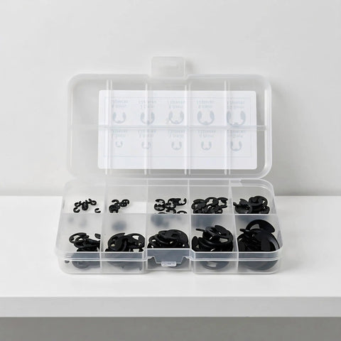 240 Piece E Clip Assortment Kit With Heat Treated External Retaining Clips For Axial Retention In Automotive Machinery Home And Industrial Projects Includes Multiple Sizes For Quick Replacement, black clips in storage case
