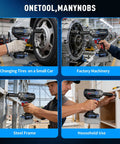 Husky 1/2 Inch Cordless Impact Wrench With Brushless Motor for 740 Ft-Lbs torque, shown changing tires and machinery.