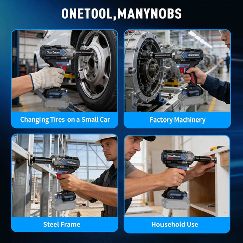 Husky 1/2 Inch Cordless Impact Wrench With Brushless Motor for 740 Ft-Lbs torque, shown changing tires and machinery.