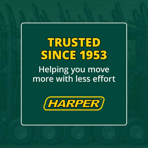 Text overlay reads 'Trusted Since 1953 - Helping you move more with less effort' over blurred image of hand trucks.