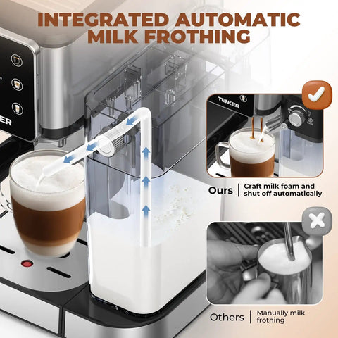 Smooth Operator 20 Bar Espresso Machine With Automatic Milk Frother And Snappy Touchscreen showing integrated milk frothing system.