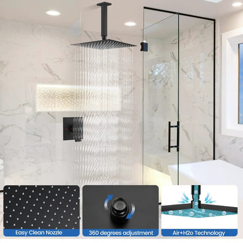 Shower Faucet Set And Handle Kit Single Function Ceiling Mount Rainfall Shower System With 12 Inch Square Matte Black Shower Head