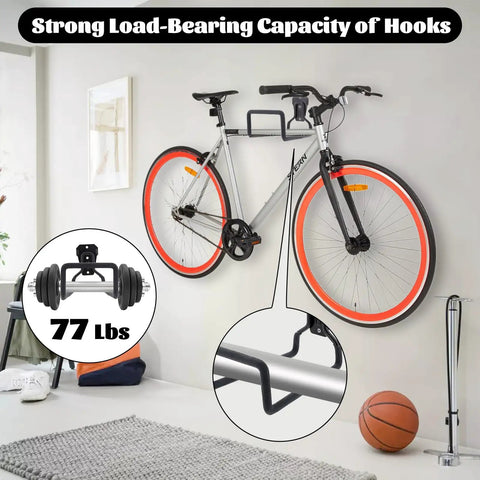 Room with bike mounted on wall using heavy-duty hook, showcasing strong load-bearing capacity, 77 lbs weight illustration
