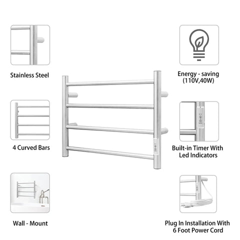 Wall Mounted Heated Towel Warmer With Built In Timer Four Bar Stainless Steel Rack Brushed Nickel For Bathroom IP56 Waterproof