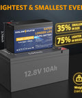 12V 10Ah LiFePO4 Battery Pack With Built In BMS, Dual Pack, 5000 Plus Cycles, size comparison showing compact design