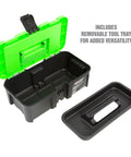 Dual Tool Box Set With 19 Inch And 12.5 Inch Plastic Portable Boxes showing open 12.5-inch box with removable tray, green lid, lockable latch.