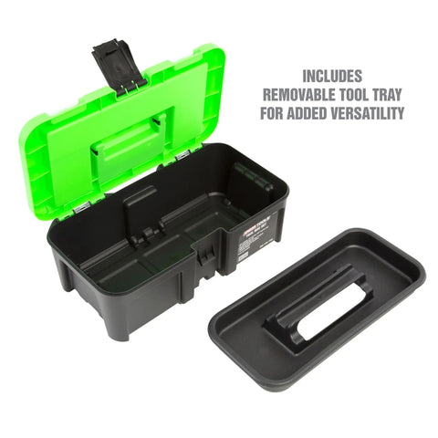Dual Tool Box Set With 19 Inch And 12.5 Inch Plastic Portable Boxes showing open 12.5-inch box with removable tray, green lid, lockable latch.