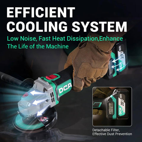 Cordless 4-1/2 Inch Angle Grinder With 20V Brushless Motor Up To 8500RPM in use, showcasing the efficient cooling system feature.
