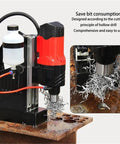Heavy Duty Magnetic Drill Press Electric Bench Drilling Rig For Industrial Projects Stepless Speed Control drilling into metal with shavings.