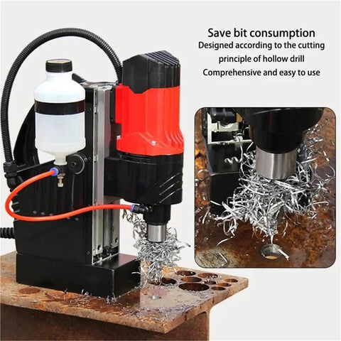 Heavy Duty Magnetic Drill Press Electric Bench Drilling Rig For Industrial Projects Stepless Speed Control drilling into metal with shavings.