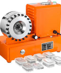Shop Beast Electric Hydraulic Hose Crimper With Eight Interchangeable Dies Spanning Ten Through Thirty Four Millimeters Portable Hydraulic Press Setup with orange casing.