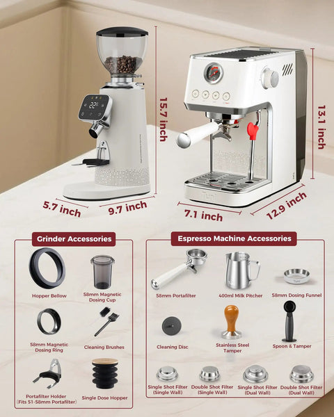 Professional Ivory Espresso Machine With 58mm Commercial Brew Group And Standalone 64mm Flat Burr Grinder For Pulling Clean Shots And Steaming Milk Like A Champ with grinder and accessories on a countertop.