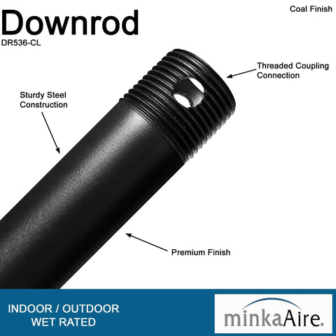 36 Inch Ceiling Fan Downrod in Coal Finish, Beefy Steel Rod for DR536-CL Compatible Fans, Easy Install, Close-up View