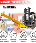 Heavy Hitter 4 Ton Telescopic Forklift Jib Boom Attachment with 8800 Lb Lift Capacity, yellow crane arm extending.