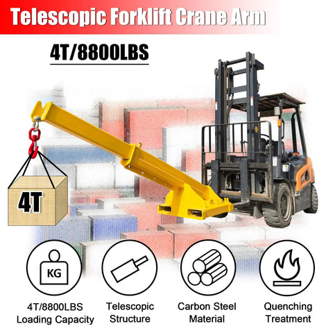 Heavy Hitter 4 Ton Telescopic Forklift Jib Boom Attachment with 8800 Lb Lift Capacity, yellow crane arm extending.
