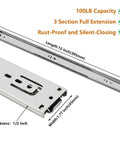 Heavy Duty 12 Inch Side Mount Drawer Slides Rated For 100 LB Capacity, showing full extension design and rust-proof finish.