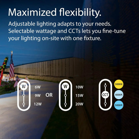 Adjustable settings for 12W LED Flood Light with Heavy Duty Mounting Arm, Die Cast Aluminum Housing in Bronze Finish on outdoor wall