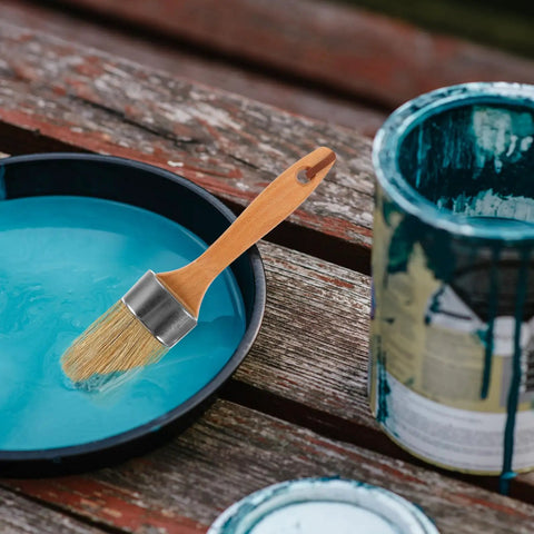 Two Piece Wood Handle Paint Brush Set With Oval Synthetic Bristles For Deck Stain On Wood, Fence And Furniture by paint tray
