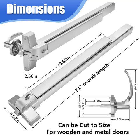 Dimensions of Stainless Steel Push Bar Panic Exit Device With Exterior Lever Handle For Commercial Doors 31.5 Inch Long