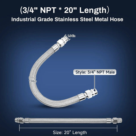 Heavy Duty Air Compressor Hose 3/4 Inch NPT Male X 20 Inch Length Ultra Flexible Industrial Grade Line That Withstands Up To 750 F And 450 PSI D Thread 304 Metal End Fittings Leak Resistant Durable Tool Accessory