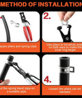 Installation instructions for 352 Piece Spring Band Hose Clamp Kit with step-by-step plier use on silicone hoses auto kit.