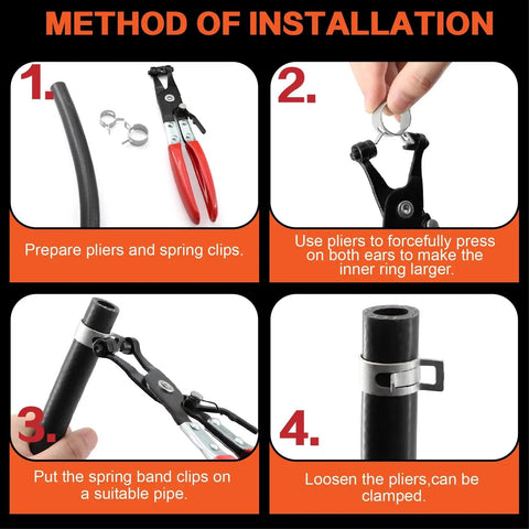 Installation instructions for 352 Piece Spring Band Hose Clamp Kit with step-by-step plier use on silicone hoses auto kit.