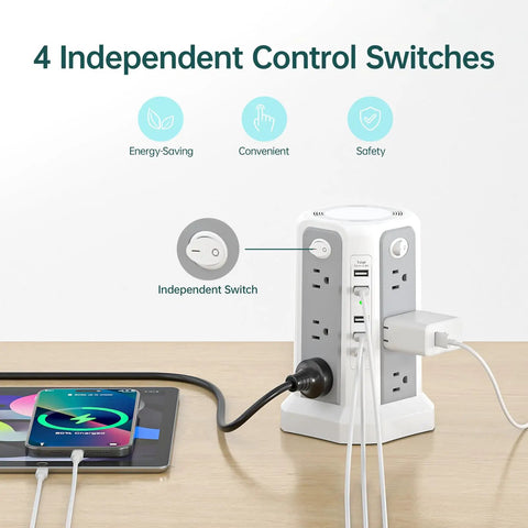 Surge Protector Power Strip Tower With PD18W USB C Port 10 Ft Extension Cord 12 AC Outlets 5 USB Charging Ports for devices